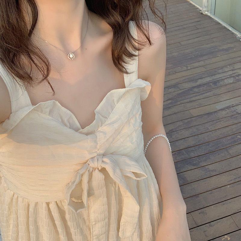 Female Spring and Summer Korean Version Simple Elegant Gentle Small Fresh Bow Long Lace Sling Dress