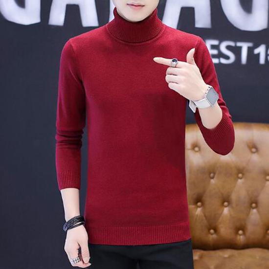 Warm Turtleneck Sweater Men Solid Knitted Mens Sweaters Casual Slim Pullover Male Double Collar Tops