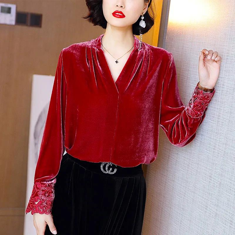 Women Sexy V-neck Velvet Office Blouse Elegant Blue Long Sleeve Wild Basic Shirts Vintage Casual Ladies Top Spring Pullover