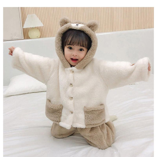 Children's Thickened Coral Velvet Home Clothes Winter Boys and Girls Bear Lovely Flannel Warm Pajamas Set