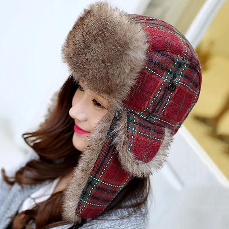 Winter Sweet Plaid Plus Velvet Hat Women's Ski Hat Cute Windproof Warm Ear Protection Hat