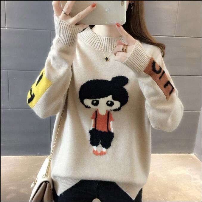 Autumn and Winter Cartoon Sweater Jacket Womens Long Sleeve All-match Knitted Sweater Woman