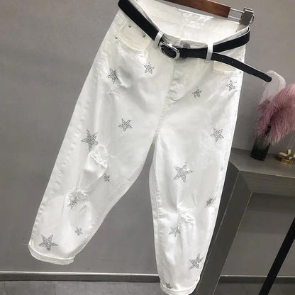 WTEMPO No belt White Star Sticker Rhinestone High-waisted Jeans Harem Pants Female Spring and Autumn Ripped Cropped Trousers