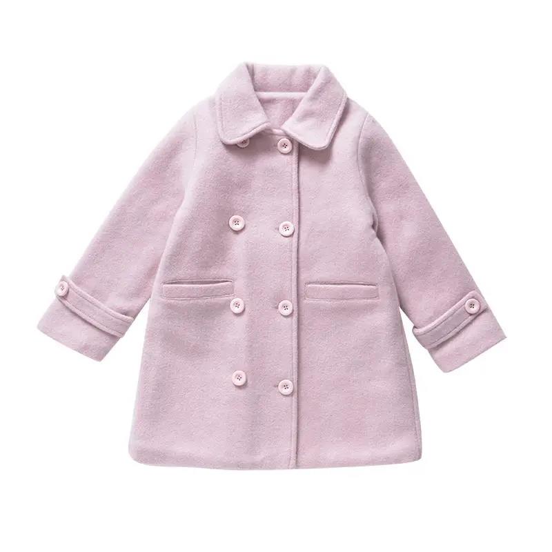 Big Boy Girl Woolen Double-breasted Mid-length Woolen Woolen Thick Solid Color Cardigan Jacket for Autumn and Winter Western Style