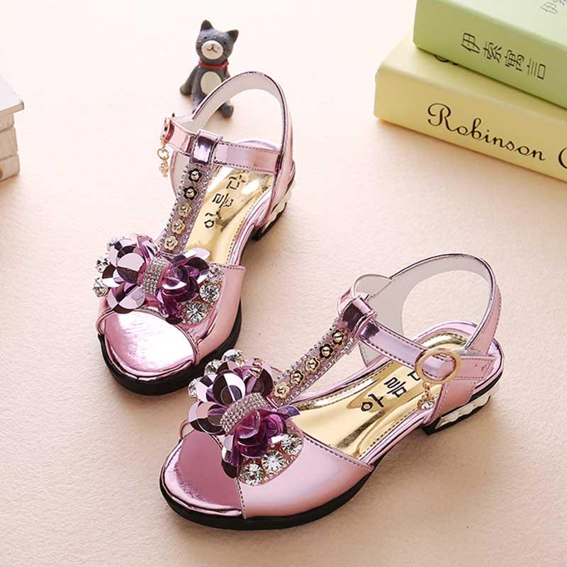 Princess Girls High Heels Flat Sandals Flash Child Girls Bow Leather Shoes Kids Dance Shoes Wear-resistant Non-slip Baby Sandals Size 26-36