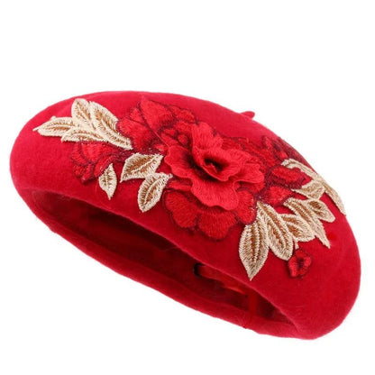 Retro Ethnic Floral 3D Embroidered Beret Hat Women's Spring Autumn Wool Blend Handmade Art Painter Beret Cap Elegant Flower Top Hat