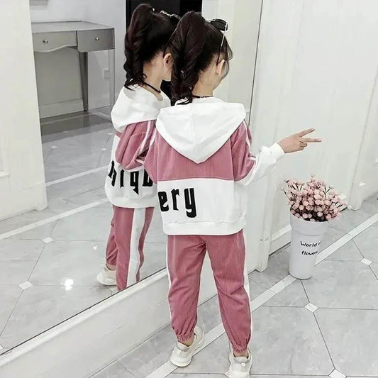 Girls Spring and Autumn Clothing Children Fashion and Comfortable Clothing Long-sleeved Hooded Zipper Jacket Warehouse Leisure Sports Two-piece