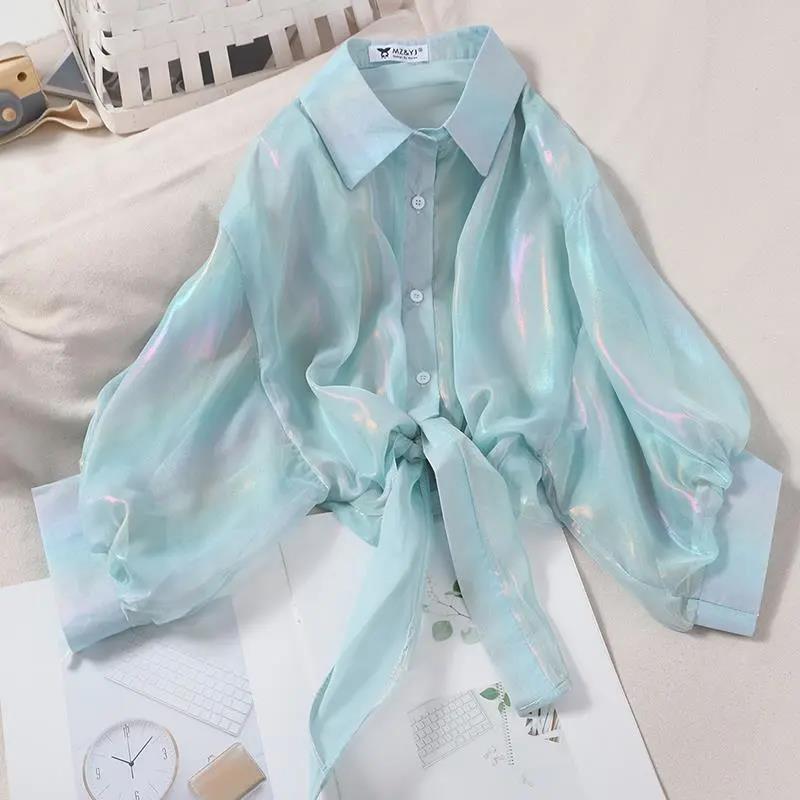 Rainbow Shiny Chiffon Shirt Sun Protection Shirt Loose Long Sleeve Cardigan Women's Thin Coat Casual Top  Women Shirts