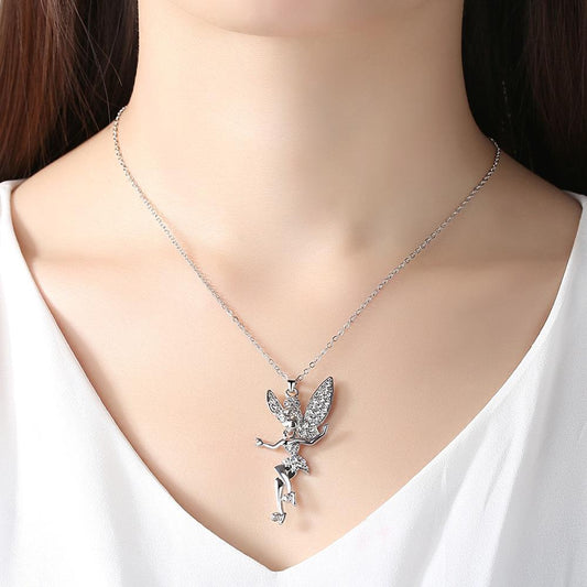 Fantasy Elf Pendant Zircon Necklace Fairy Shaped  Silver Fine Necklace for Women Gift Jewelry