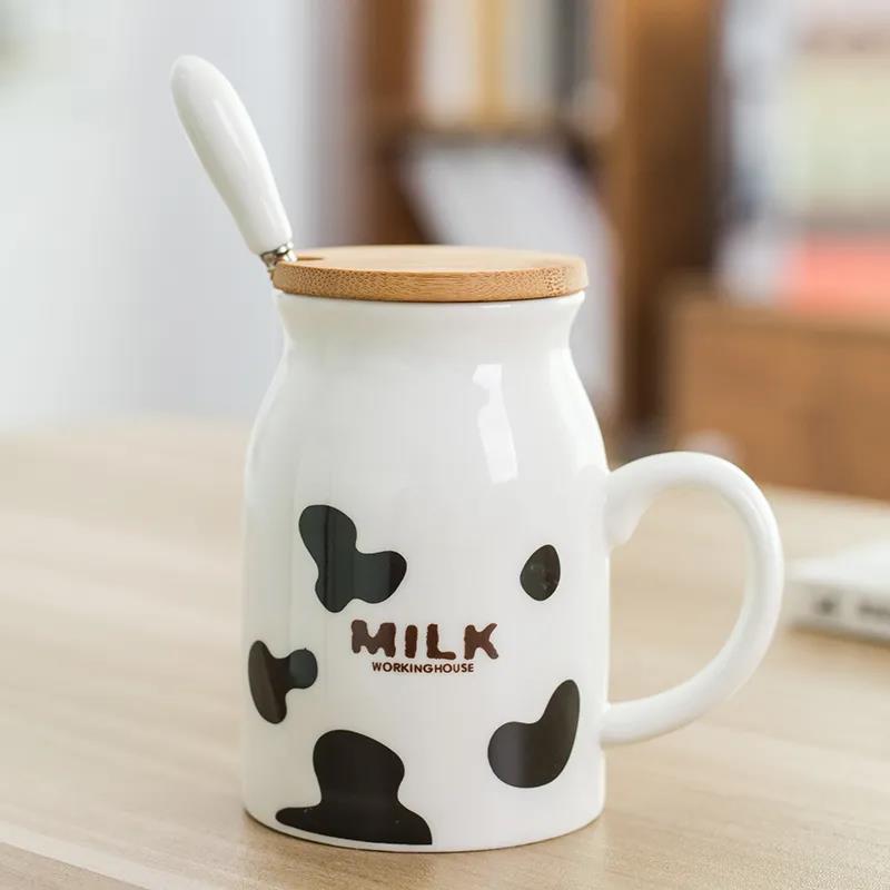 Ceramic Water Cup Children's Cup Breakfast Milk Milk Tea Cup Female Mug with Lid Spoon Student Drinking Cup Home