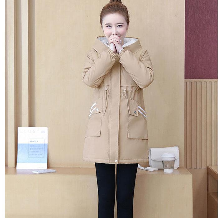 Autumn Winter Women Thickened Hooded Parka Jacket Casual Loose Drawstring Plus Velvet Windbreaker Jacket Warm Parka Coat