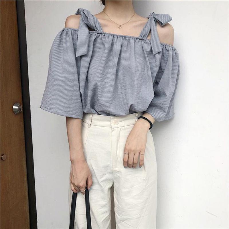 Striped Shirt Women's Lace-up Short-sleeved Shirt Loose One-shoulder Top Chiffon Loose Sweet and Elegant Ladies Off-shoulder Shirt