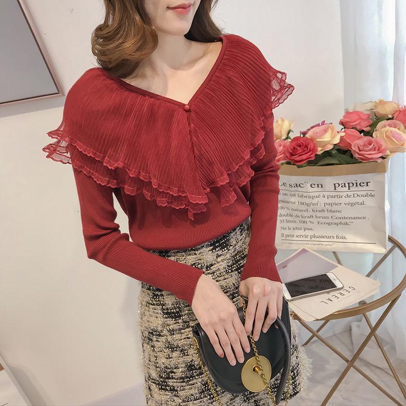 Double Layer Lotus Leaf Collar Sweater Fashion Flared Sleeve Sweater Autumn and Winter Ins Blouse