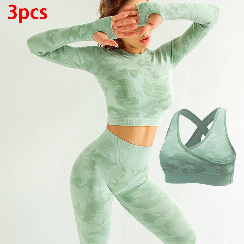 3PCS Seamless Women Yoga Set Workout Sportswear Gym Clothing Fitness Long Sleeve Crop Top High Waist Leggings Sports Suits