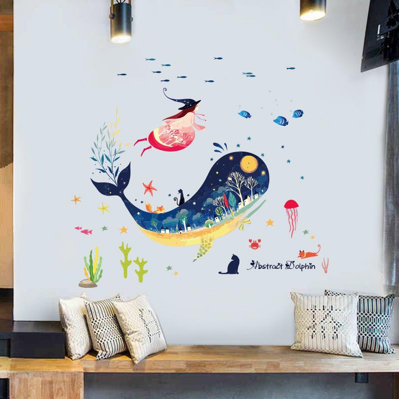 Abstract whale cartoon wall stickers animal removable self-adhesive wallpaper