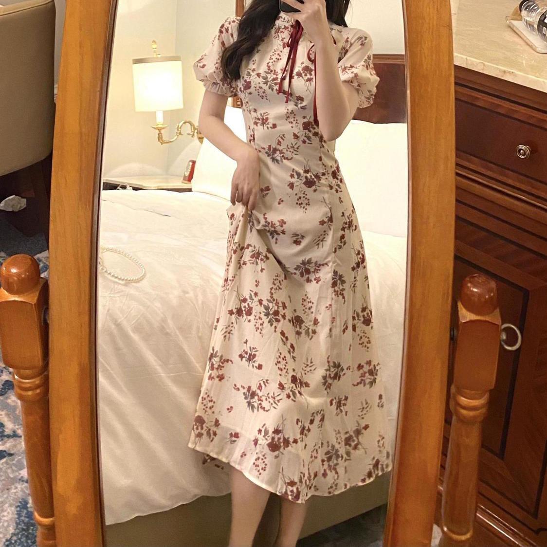 Female Improved Cheongsam Vintage Holiday Fairy Dress Slim Light Mature Style Elegant Stand-collar Floral Print Dress