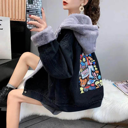 Denim and Lamb Velvet Stitching Jacket Women Plus Velvet Thick Loose Loose Style Autumn and Winter Cardigan All-match