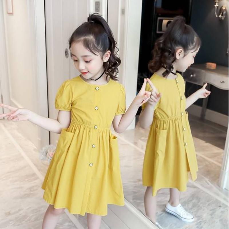 Children Dress Spring Summer O-neck Kids Clothing  Baby Girls Clothing Button Pockets Short Sleeve Dress Girl