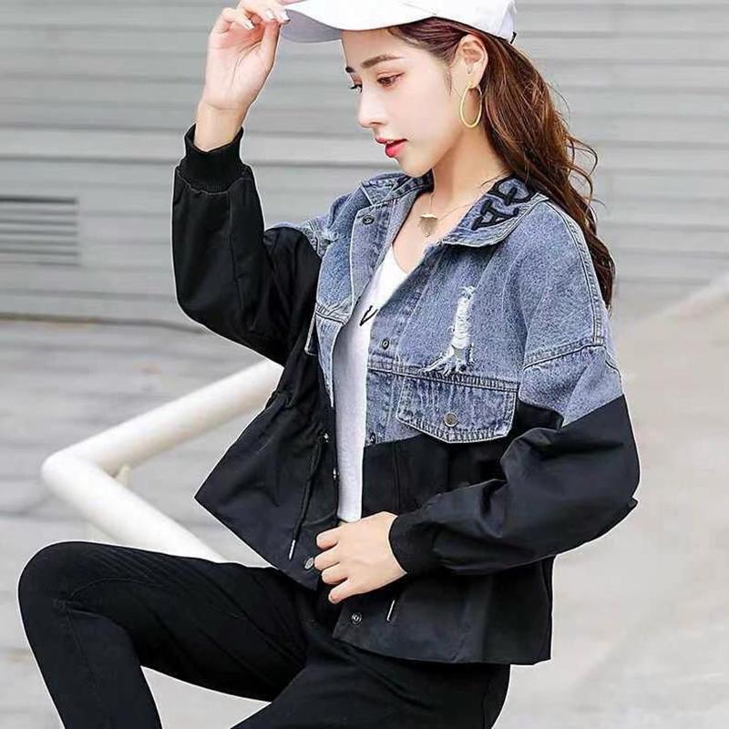 Spring and Autumn Waist Thin Embroidery Stitching Contrast Color Hole Washed Denim Short Jacket Top Ladies Casual Long Sleeve Jacket