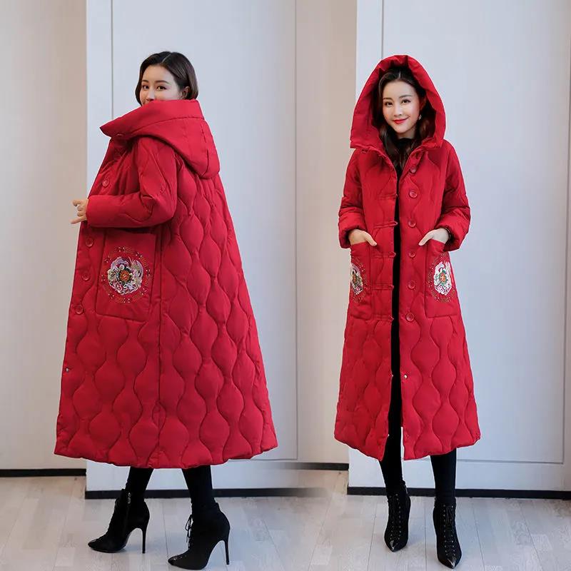 Winter Women's Down Jacket Retro Embroidery Long Cotton Jacket Thick Warmth Folk Style Over-the-knee Windbreaker Jacket