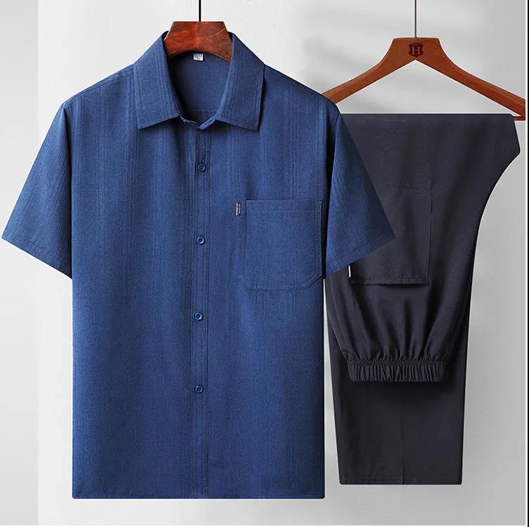 Men's Short-sleeved Shirt Suit Middle-aged Dad Summer Cotton and Linen Short-sleeved Shirt Men's Thin Loose Old Clothes