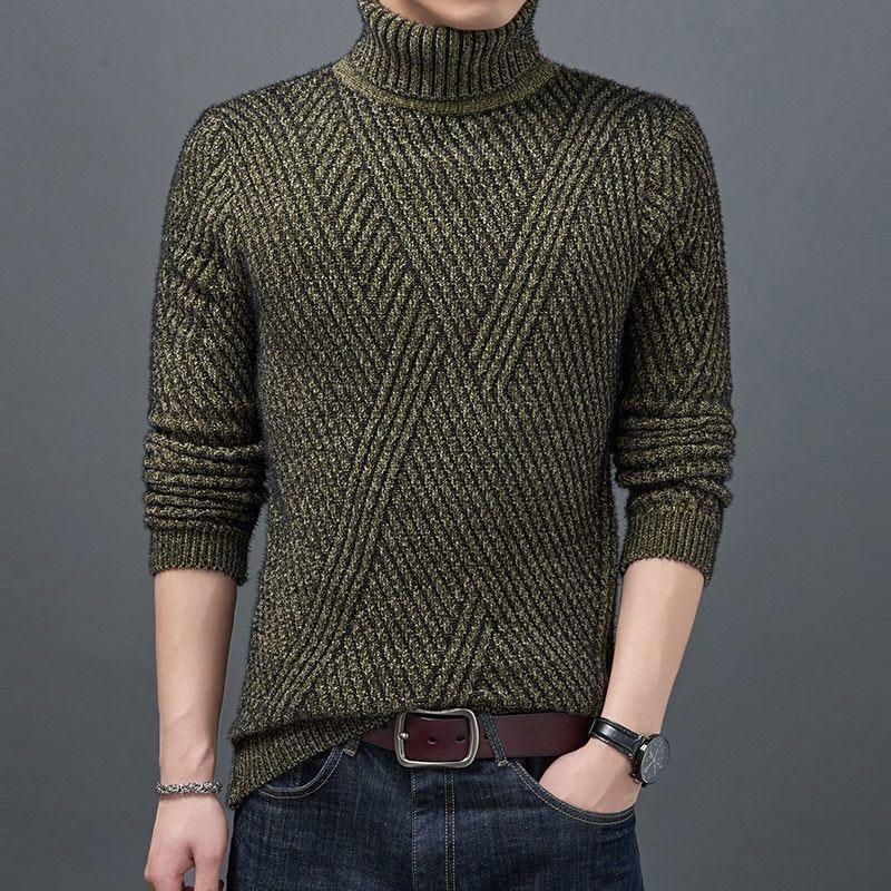 Men's Turtleneck Sweater Autumn and Winter Thickening Warm Bottoming Shirt Slim Fit All-match Youth Knitted Sweater