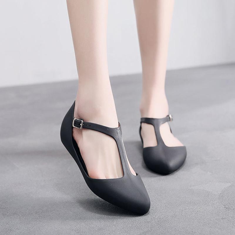 Women's Plastic Flat-bottomed Pointed Toe Closed Toe Fashion Shallow Mouth Frosted Summer and Autumn Soft Sandals Single Shoes