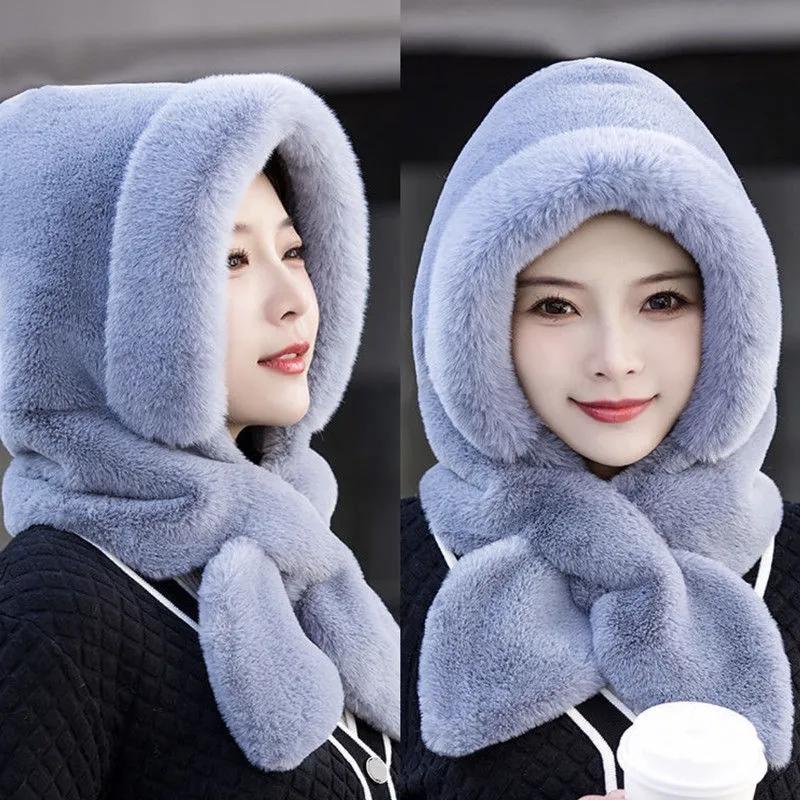 Women Plus Velvet Hat Rabbit Scarf Bow Set One Piece Fake Collar Winter Windproof Hooded Cold-proof Plush Padded Collar Warm Ear Protection Caps