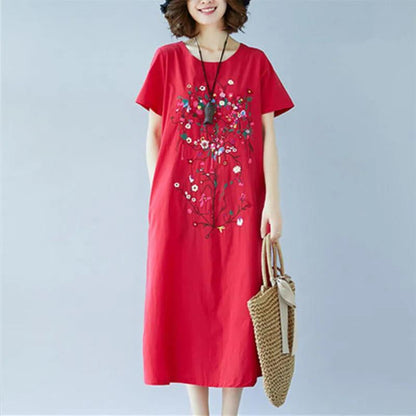 Large Size Women's Retro Loose Mid-length Dress Was Thin Ethnic Style Covering Belly Summer Dress