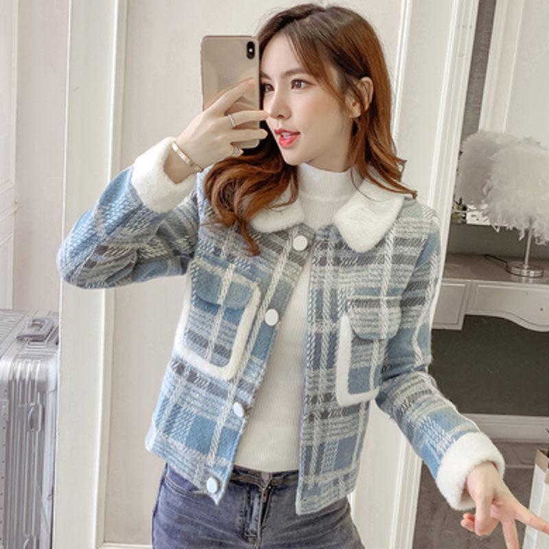 Winter Korean Style Plaid Fur Collar Casual Loose Jacket Women Fashion All-match Straight Short Top