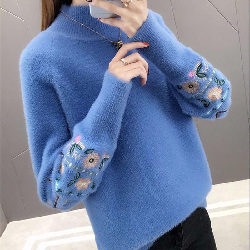 Large Size Sweater Water Velvet Round Neck Sweater Cashmere Warm Sweater Winter Ladies Long Sleeves