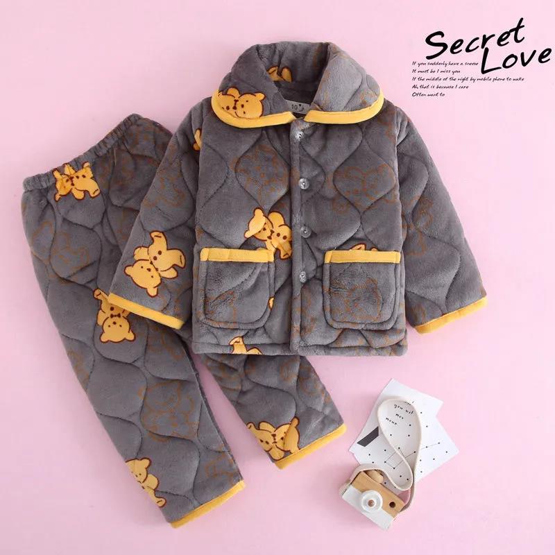 Winter Children's Three-layer Quilted Pajamas Flannel Girls and Boys Coral Fleece Suit Baby Thickened Solid Color Home Service