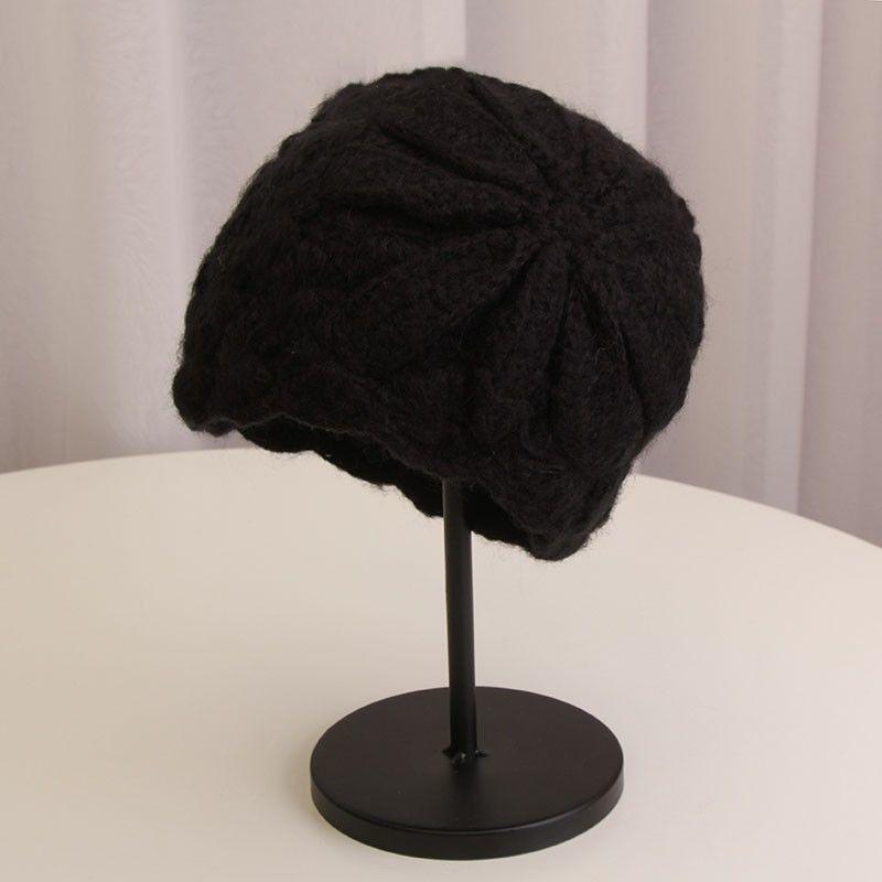 Knitted Hat Woman Autumn and Winter Wild Handmade Flower Warm Sweater Hat Bag Head Month Cap