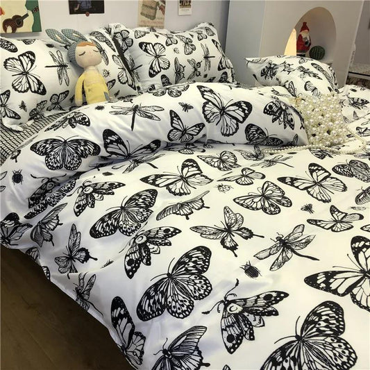 Simple Floral Cotton Bedding, Large Washed Cotton Double Bed Single Quilt Cover Four-piece Set