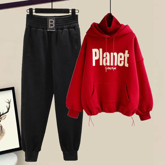 Set Autumn and Winter Plus Velvet Thickening Sports Pants Suit Female Students High Collar Hooded Sweater Two-piece Setet