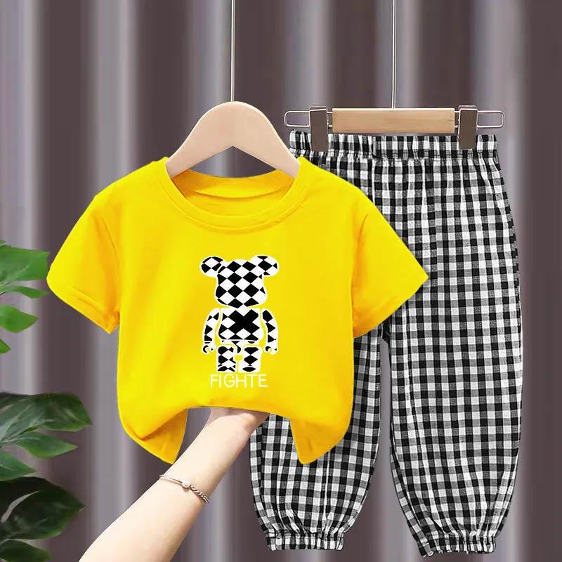 Girls Summer Cool Breathable Short-sleeved Plaid Trousers Suit Cotton Short-sleeved Comfortable Skin-friendly Thin Children's Two-piece Suit