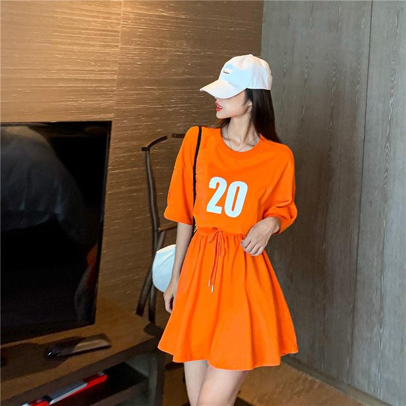 T-shirt Dress Mid-length Women's Summer Waist Waist Was Thinner Drawstring Loose Leisure Sports Style Short Dress