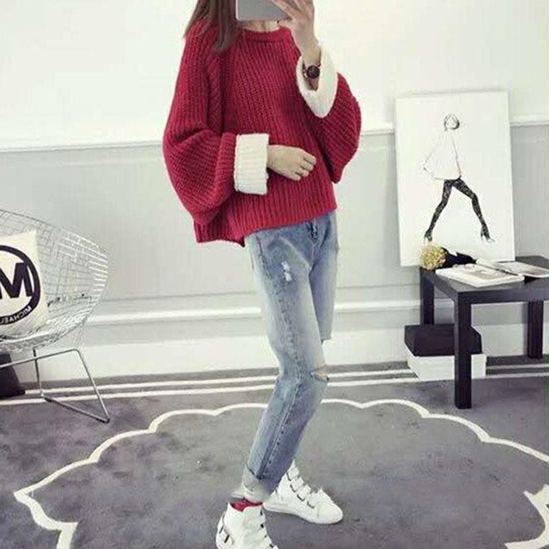 Autumn and Winter Short Casual Sweater Pullover Loose Casual Top Round Neck Long Sleeve Women's Sweater