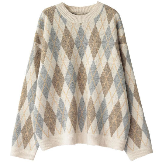 Autumn and Winter Women's Vintage Checked Sweater Loose Pullover Round Neck  Knit Sweater Coat