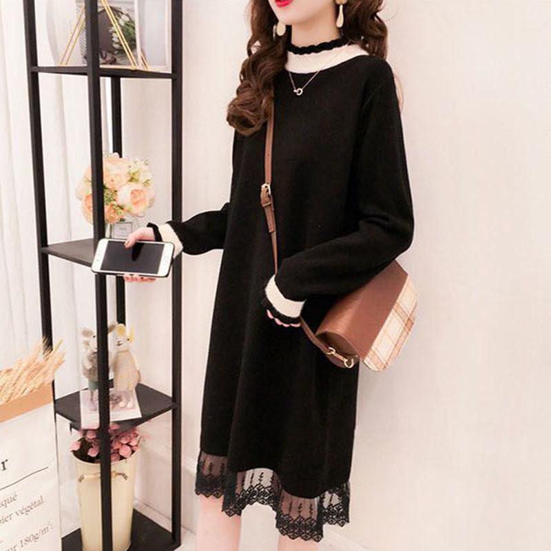 Autumn and Winter Knitted Lace Stitching Sweater Skirt Fashion All-match Hedging Bottoming Shirt Mid-length Female Sweater Dress