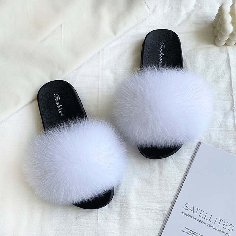 Furry Slippers for Women The Same Style In Summer Fashion Real Fox Fur Slippers Plus Size Female Sandals