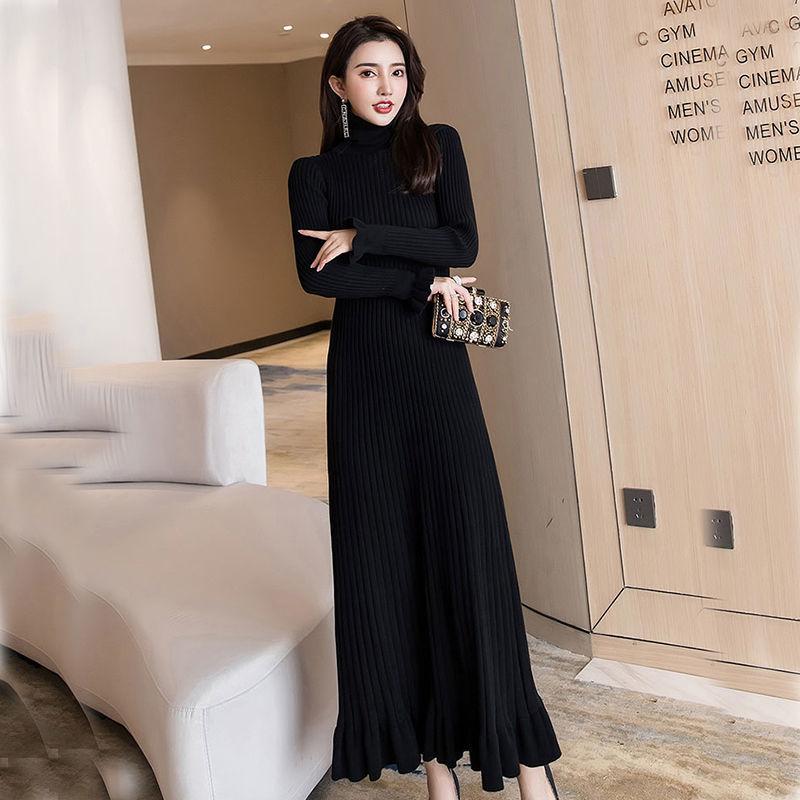 Autumn and Winter High Neck Slim Ruffled Over-the-knee Bottoming Long Skirt Knitted Dress Super Long Sweater Women To Ankle