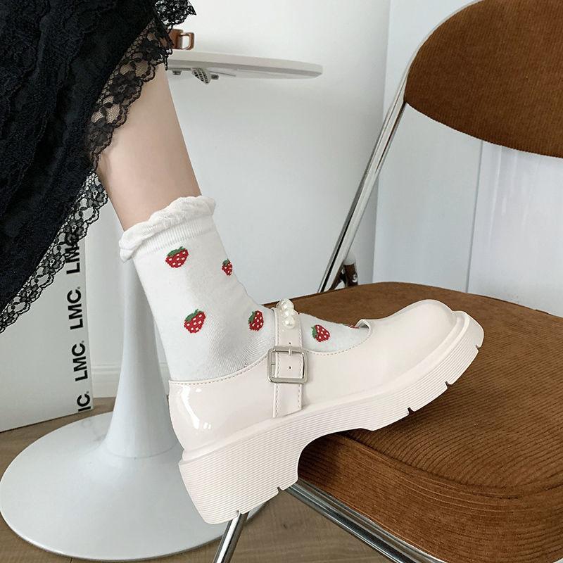 French Retro British Style Leather Shoes Pearl Word with Thick Sole Mary Jane Single Shoes Men Retro Lolita Leather Shoes Cute Women's Shoes