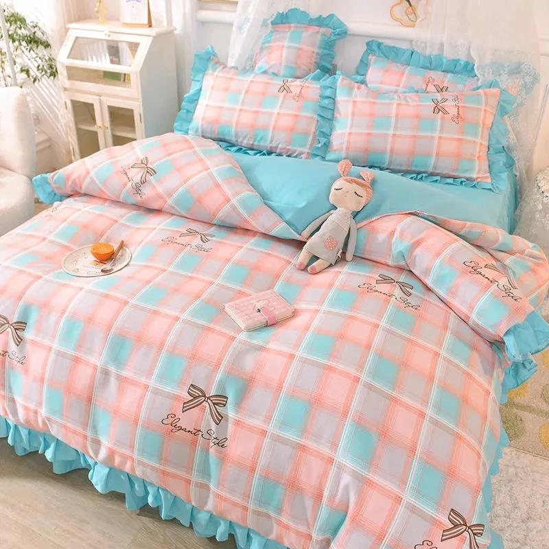 Four-piece Korean Princess Style Cotton Brushed Bed Sheet Quilt Cover Sheet Couple Double Bedroom Bedding