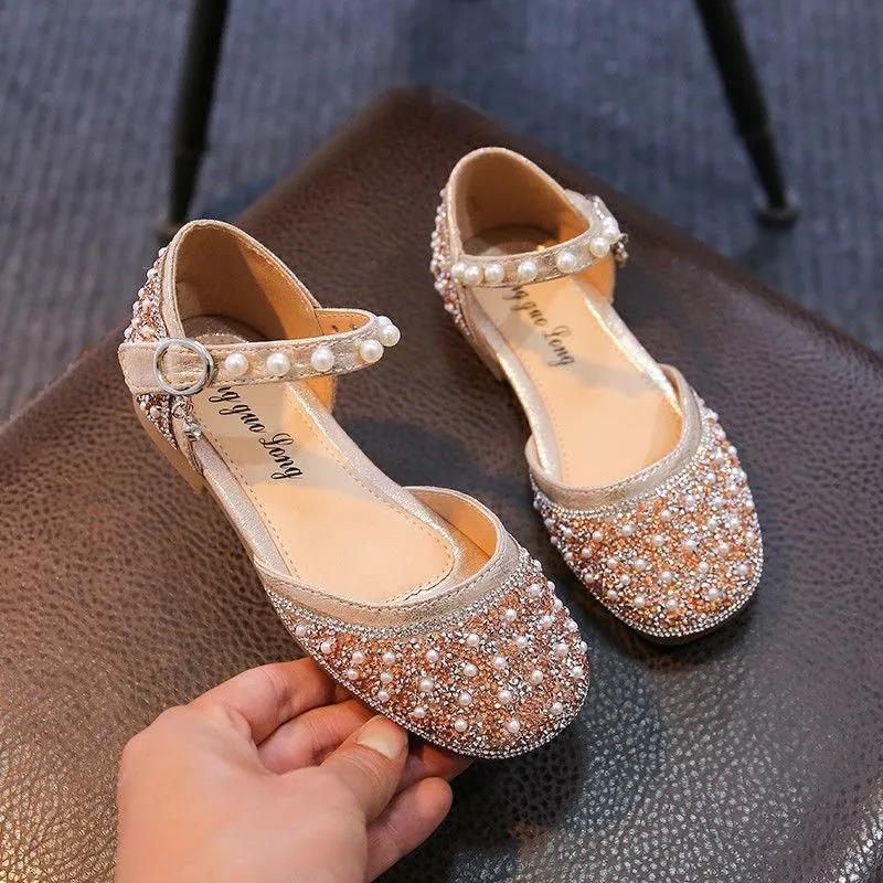 Girls Princess Baotou Half Sandals Summer Children's Soft Sole Fashion Little Girls Dance Crystal Leather Shoes