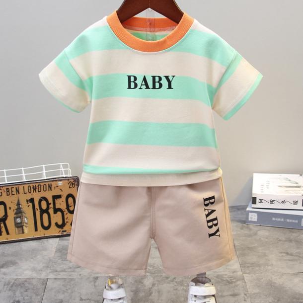 Summer Korean Short Sleeve Children's Suit Boys' and Girls' 0-4-year-old Round Neck Striped T-shirt Shorts Two-piece Children's Suit