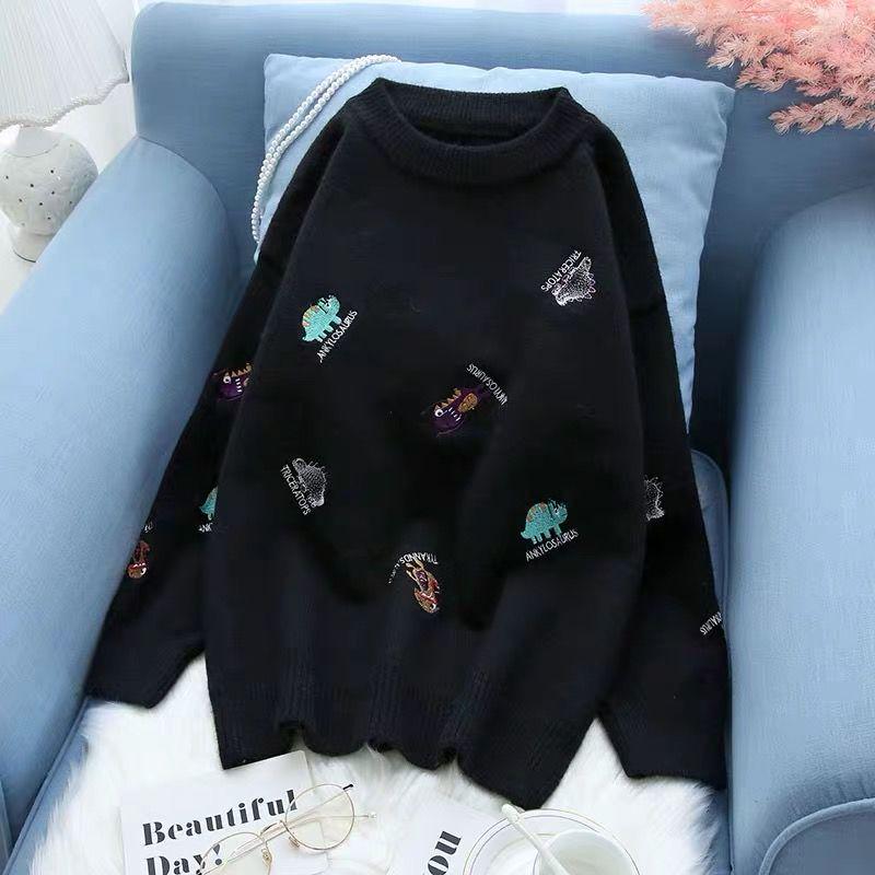 Casual Embroidery Sweater Women Loose Round Neck Pullover Sweater Thickened Warm Knitwear Jumper Outwear