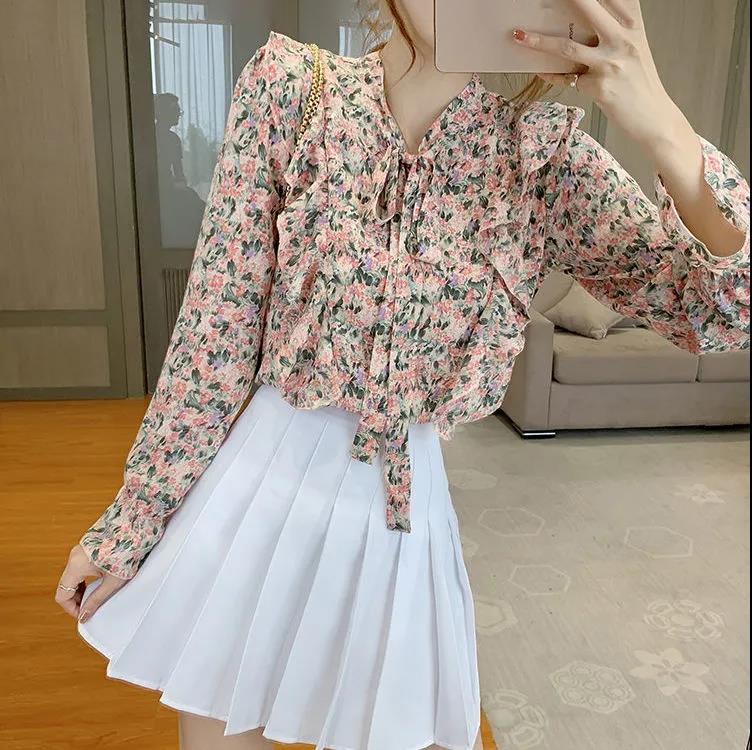 S-4xl Ruffle Blouse Long Sleeve Korea Casual Blouse Shirt Women Sping Fashion Floral Printed Top Bow Chiffon Shirt