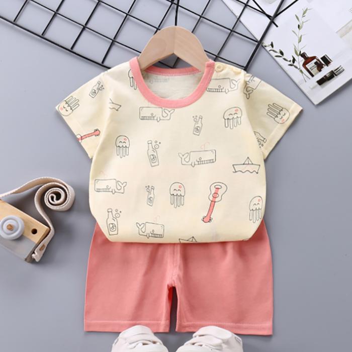 Children's Short Sleeve Suit Korean Style Boys and Girls Set Printing T-shirt + Shorts Two Piece Set