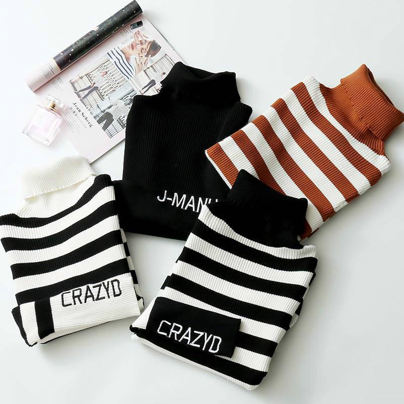 Turtleneck Sweater Women Pullover Stripe Knitted Ribbed Slim Jumper Autumn Winter Female Sweater